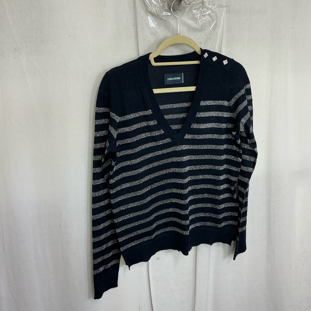 NEW Zadig & Voltaire Encre Missia Metallic Stripe Wool Blend Sweater Size M - Picture 6 of 16